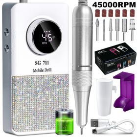 Professional Electric Cordless Nail Drill File-Glitter Portable Cordless E-File Nail Drill Kit With 6 Drill Bits 45000RPM Rechargeable Nail Drill (Option: WHITE)