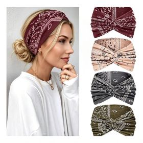 4 Pack Boho Paisley Wide Headbands For Women, Vintage Knotted Elastic Non Slip Sweat Head Wraps, Soft Stretchy Hair Bands For Yoga Sports Running (Option: 4pcs)
