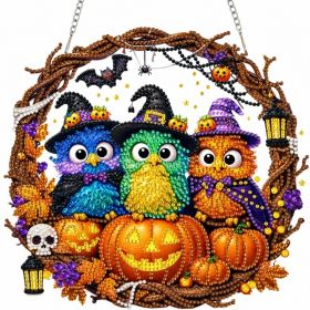 Halloween Witch Owl Wreath Diamond Painting Door Hanger for Home Decor (Option: Default)
