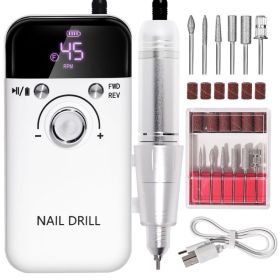 Electric Nail Drill Professional 45000RPM - Rechargeable Nail Drill Kit Portable Electric Nail File With Complete Bits For Acrylic Nails Gel Poli (Option: WHITE)